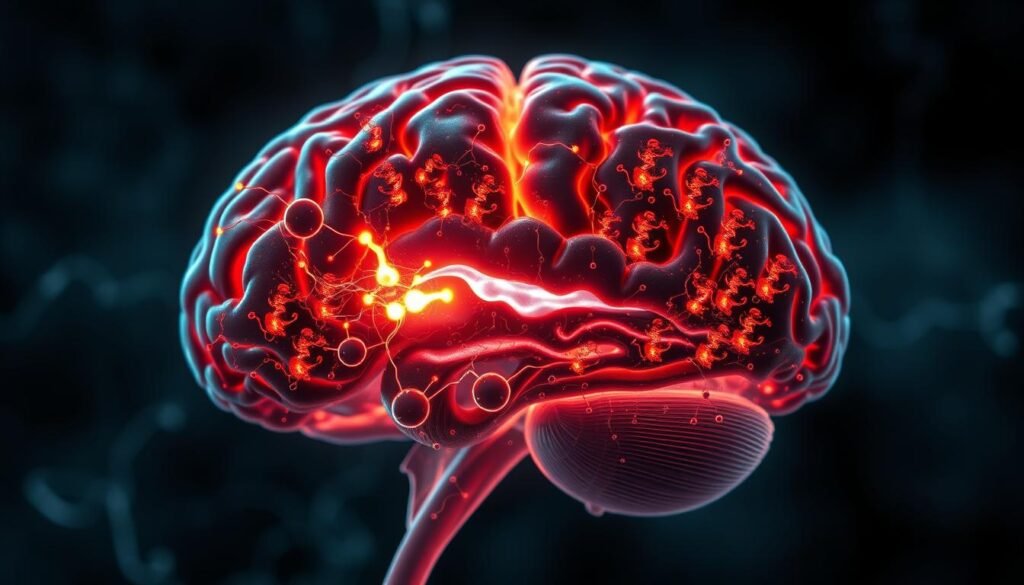 A detailed cross-section of the human brain, showcasing the intricate structures and neural pathways affected by stress. The foreground features a vibrant, glowing network of neurons, synapses, and brain regions, conveying the dynamic and responsive nature of the brain. The middle ground depicts a series of stress hormones and chemical imbalances disrupting the delicate balance of the cerebral landscape. In the background, a muted, ominous atmosphere suggests the long-term consequences of unmanaged stress on the brain's structural integrity and cognitive functions. Realistic lighting and a cinematic depth of field create a sense of depth and urgency, emphasizing the importance of understanding the brain's vulnerability to the detrimental effects of stress.