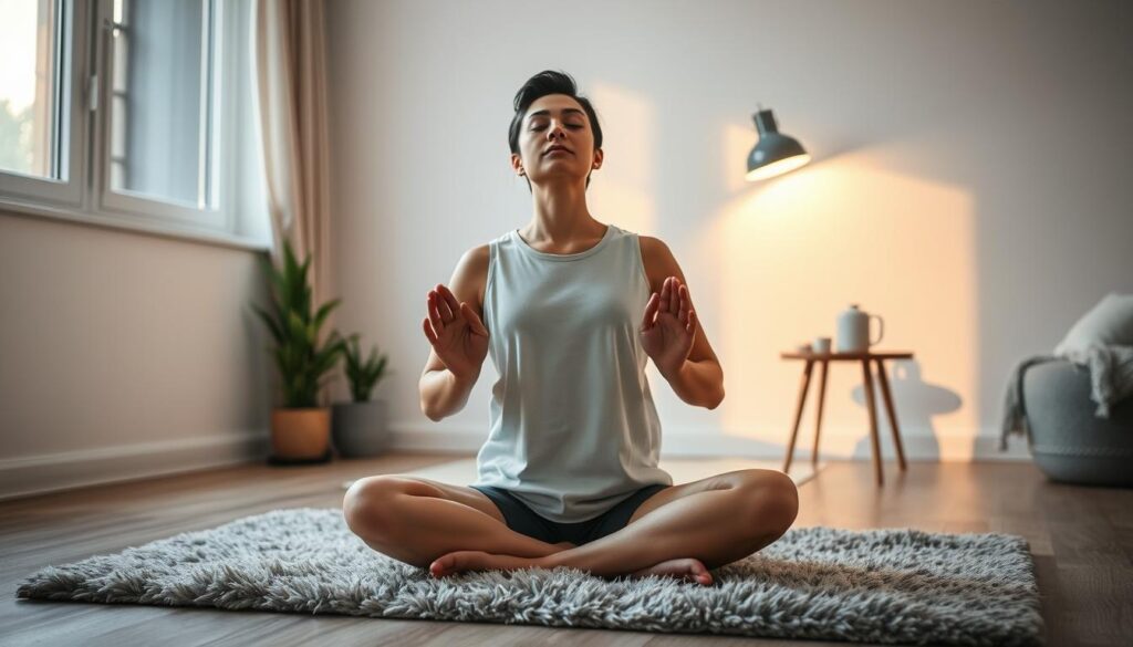 A peaceful, contemplative scene of a person practicing simple, mindful exercises in a cozy home setting. In the foreground, the figure sits cross-legged on a plush rug, eyes closed, palms resting gently on knees. Soft, indirect lighting from a nearby window casts a warm glow, creating a tranquil atmosphere. In the middle ground, a few potted plants and a small side table with a cup of tea suggest a relaxing, rejuvenating atmosphere. The background depicts a minimalist, uncluttered living space, with muted tones and clean lines that foster a sense of calm focus. An image that visually conveys the benefits of "neuróbica" - practical, brain-stimulating exercises that can be easily incorporated into daily life. A peaceful, contemplative scene of a person practicing simple, mindful exercises in a cozy home setting. In the foreground, the figure sits cross-legged on a plush rug, eyes closed, palms resting gently on knees. Soft, indirect lighting from a nearby window casts a warm glow, creating a tranquil atmosphere. In the middle ground, a few potted plants and a small side table with a cup of tea suggest a relaxing, rejuvenating atmosphere. The background depicts a minimalist, uncluttered living space, with muted tones and clean lines that foster a sense of calm focus. An image that visually conveys the benefits of "neuróbica" - practical, brain-stimulating exercises that can be easily incorporated into daily life.