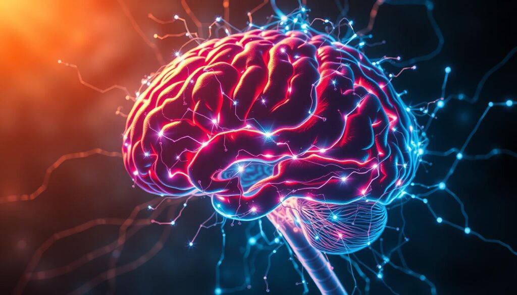 A senior brain engulfed in a web of glowing neon neural connections, illuminating the complex hyperconnectivity of the aging mind. In the foreground, a cross-section of the brain reveals intricate synaptic pathways, pulsing with electric energy. The middle ground features an anatomical rendering of the brain's structure, while the background is shrouded in a hazy, ethereal glow, evoking the intangible and mysterious nature of cognitive processes. Dramatic lighting from multiple angles casts dramatic shadows, emphasizing the depth and dimensionality of this intricate neural landscape. The overall mood is one of scientific intrigue and the profound impact of technology on the senior brain. A senior brain engulfed in a web of glowing neon neural connections, illuminating the complex hyperconnectivity of the aging mind. In the foreground, a cross-section of the brain reveals intricate synaptic pathways, pulsing with electric energy. The middle ground features an anatomical rendering of the brain's structure, while the background is shrouded in a hazy, ethereal glow, evoking the intangible and mysterious nature of cognitive processes. Dramatic lighting from multiple angles casts dramatic shadows, emphasizing the depth and dimensionality of this intricate neural landscape. The overall mood is one of scientific intrigue and the profound impact of technology on the senior brain.