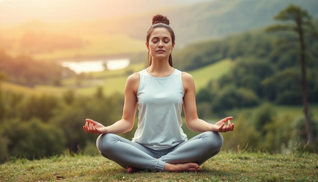 A serene and focused individual sitting cross-legged in a peaceful natural setting, practicing mindful meditation. The foreground features the person's hands resting gently on their lap, their eyes closed in a state of deep concentration. The middle ground showcases a lush, verdant landscape with rolling hills, vibrant foliage, and a calming body of water. The background is filled with a warm, diffused lighting, creating a sense of tranquility and introspection. The overall scene evokes a feeling of mental clarity, inner balance, and enhanced cognitive abilities. A serene and focused individual sitting cross-legged in a peaceful natural setting, practicing mindful meditation. The foreground features the person's hands resting gently on their lap, their eyes closed in a state of deep concentration. The middle ground showcases a lush, verdant landscape with rolling hills, vibrant foliage, and a calming body of water. The background is filled with a warm, diffused lighting, creating a sense of tranquility and introspection. The overall scene evokes a feeling of mental clarity, inner balance, and enhanced cognitive abilities.