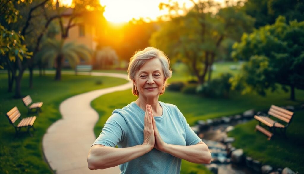 A serene and tranquil scene depicting the benefits of physical activity for mental health in mature adults. The foreground features a vibrant, middle-aged person engaged in a gentle yoga pose, their face radiating a sense of calm and inner peace. The middle ground showcases a lush, verdant park setting with winding paths, inviting benches, and a gently flowing stream. The background is filled with a warm, golden-hued sunset, casting a soft, diffused light over the entire scene. The overall atmosphere conveys a sense of harmony, well-being, and the restorative power of both physical and mental exercise in the later stages of life.