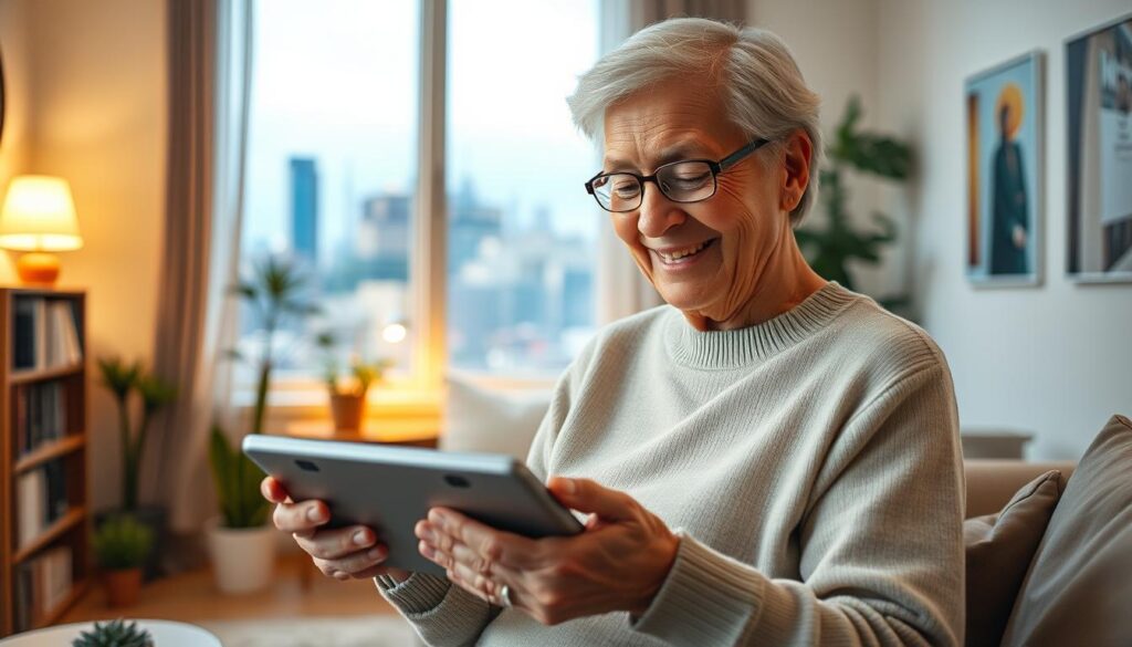 A serene, well-lit scene showcasing the harmonious relationship between senior adults and modern technology. In the foreground, an elderly person's hands confidently navigate a tablet, their face radiating a sense of wonder and fulfillment. The middle ground depicts a cozy, inviting living space, where bookshelves and plants create a warm, intellectually stimulating environment. In the background, a soft-focus view of a bustling city skyline, representing the vibrant, connected world that the senior adult is now seamlessly integrated with, thanks to their newfound technological proficiency. The overall atmosphere conveys a sense of empowerment, adaptability, and the remarkable neuroplasticity of the aging brain. A serene, well-lit scene showcasing the harmonious relationship between senior adults and modern technology. In the foreground, an elderly person's hands confidently navigate a tablet, their face radiating a sense of wonder and fulfillment. The middle ground depicts a cozy, inviting living space, where bookshelves and plants create a warm, intellectually stimulating environment. In the background, a soft-focus view of a bustling city skyline, representing the vibrant, connected world that the senior adult is now seamlessly integrated with, thanks to their newfound technological proficiency. The overall atmosphere conveys a sense of empowerment, adaptability, and the remarkable neuroplasticity of the aging brain.