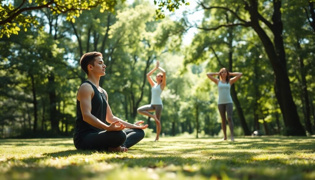 A tranquil, sun-dappled outdoor scene with a person performing various brain-stimulating exercises. In the foreground, the individual sits cross-legged, eyes closed, deep in concentration as they engage in a mindfulness meditation practice. In the middle ground, they stand upright, performing a series of gentle stretches and yoga poses, their movements fluid and graceful. In the background, a lush, verdant forest provides a serene, natural backdrop, the dappled sunlight filtering through the canopy and casting a warm, inviting glow. The overall atmosphere is one of peaceful contemplation and mental rejuvenation, capturing the essence of "exercícios para o cérebro" and its transformative effects.