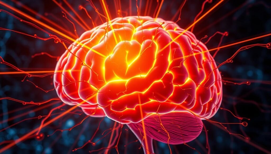 A vibrant, macro-level view of the human brain's neural networks, showcasing the dynamic process of neuroplasticity. The cerebral cortex is illuminated with a warm, golden glow, highlighting the intricate web of synaptic connections that are constantly adapting and strengthening through physical activity and mental stimulation. Rays of light radiate outward, symbolizing the brain's remarkable ability to continuously reorganize and renew itself, even in mature individuals. The scene conveys a sense of energy, resilience, and the brain's innate capacity for lifelong learning and adaptation.