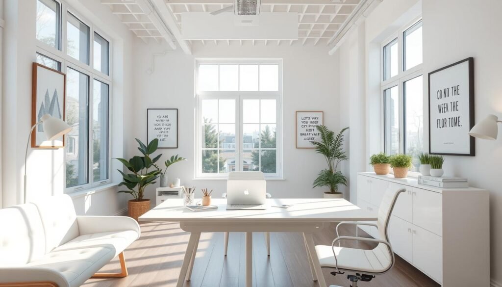 A bright, airy workspace with natural light flooding in through large windows. A clean, minimalist desk with a laptop, a plant, and a few well-organized office supplies. Sleek, ergonomic furniture in shades of white and natural wood tones create a calming, productive atmosphere. The walls are adorned with motivational artwork and inspirational quotes, radiating a sense of positivity. Soft, indirect lighting from desk lamps and ceiling fixtures provide a warm, focused glow. The overall scene exudes a sense of order, tranquility, and a nurturing environment conducive to deep work and creative flow.