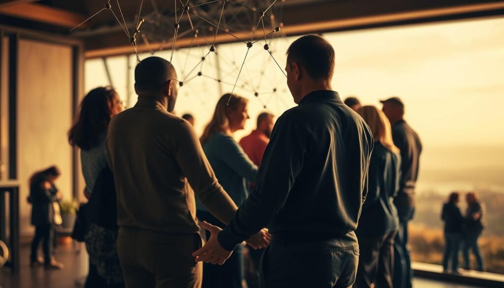 A close-knit web of interconnected figures, each a pillar of emotional support, standing together in a warm, softly lit environment. In the foreground, hands clasped, faces aglow with empathy and understanding. The middle ground reveals a diverse tapestry of relationships, people of all ages and backgrounds embracing one another. In the background, a serene, calming landscape, a visual metaphor for the tranquility and security found within this network of care. Captured through a lens that emphasizes the depth of connection, the image conveys the profound impact of a robust support system on individual and collective well-being.