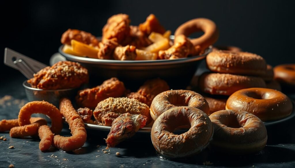 A close-up, detailed still life scene of various fried and unhealthy food items, including a plate of deep-fried potatoes, chicken wings, onion rings, and doughnuts, set against a dark, moody background. The items are lit dramatically from the side, casting long shadows and creating a sense of depth and contrast. The scene conveys a sense of indulgence and temptation, but also a underlying unease about the potential health consequences of consuming such foods. The overall mood is one of cautionary warning, hinting at the dangers of these types of fried, high-fat foods for brain health.