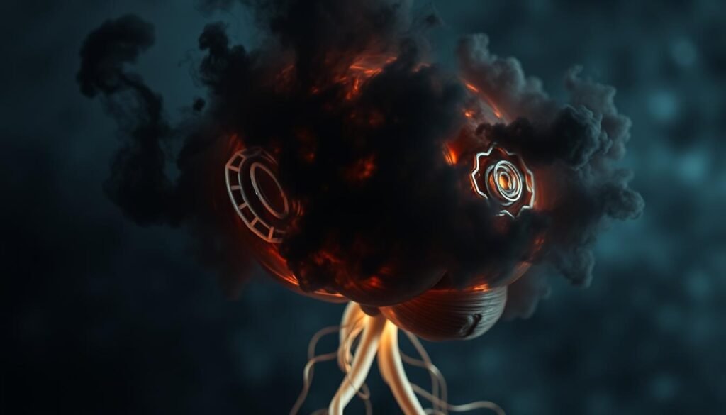 A close-up of a human brain in a state of distress, with dark, swirling clouds of anxious thoughts and emotions enveloping it. The brain appears to be pulsing with an unsettling energy, as if the intrusive thoughts are physically manifesting. The background is hazy and out of focus, creating a sense of isolation and overwhelming internal turmoil. The lighting is dramatic, with shadows and highlights emphasizing the intensity of the mental anguish. The overall mood is one of unease, tension, and the debilitating effects of intrusive thoughts on mental well-being.