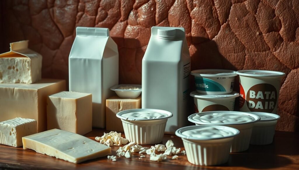 A close-up shot of industrial dairy products, including blocks of cheese, milk cartons, and yogurt cups, set against a backdrop of inflamed, irritated skin textures. The items are brightly lit from the side, casting dramatic shadows and highlights that accentuate their textural details. The arrangement conveys a sense of unease, hinting at the potential inflammatory effects of these highly processed dairy foods on cognitive function. The image has a muted, subdued color palette, contributing to an overall atmosphere of caution and concern.