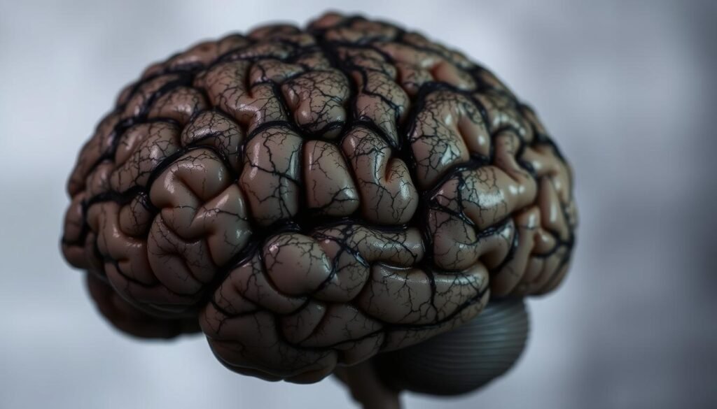 A close-up view of a human brain, its surface marred by dark, web-like patterns, conveying the damaging effects of excessive alcohol consumption. The brain appears slightly shrunken, reflecting the cognitive decline associated with long-term alcohol abuse. The background is a muted, hazy palette, evoking a sense of neurological deterioration. Diffused lighting casts a somber, cautionary tone, emphasizing the gravity of the subject matter. The overall composition aims to visually communicate the neurotoxicity and cognitive impairment caused by excessive alcohol intake, aligning with the article's focus on protecting brain health.