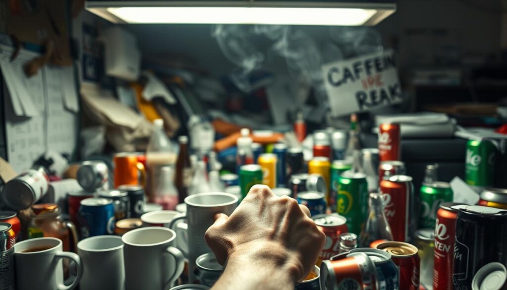A cluttered desk overflowing with various caffeinated beverages - steaming mugs of coffee, fizzing energy drinks, and half-empty soda cans. The table is bathed in a harsh, overhead fluorescent light, casting harsh shadows and creating an anxious, jittery atmosphere. In the foreground, a person's hand shakily reaches for another cup, their face obscured by the chaotic clutter. The background is blurred, hinting at the sense of tunnel vision and restlessness that comes with excessive caffeine consumption. The scene conveys the idea of losing control, of being overwhelmed by the stimulant's effects, and the potential harm it can have on the brain. A cluttered desk overflowing with various caffeinated beverages - steaming mugs of coffee, fizzing energy drinks, and half-empty soda cans. The table is bathed in a harsh, overhead fluorescent light, casting harsh shadows and creating an anxious, jittery atmosphere. In the foreground, a person's hand shakily reaches for another cup, their face obscured by the chaotic clutter. The background is blurred, hinting at the sense of tunnel vision and restlessness that comes with excessive caffeine consumption. The scene conveys the idea of losing control, of being overwhelmed by the stimulant's effects, and the potential harm it can have on the brain.