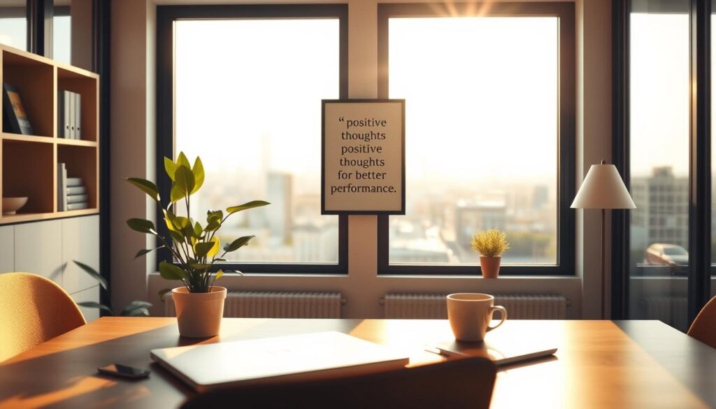 A cozy office space with warm, natural lighting filtering through large windows. In the foreground, a desk with a laptop, a potted plant, and a cup of coffee, symbolizing a productive and positive work environment. In the middle ground, a framed motivational quote on the wall, encouraging "positive thoughts for better performance." The background features a serene, blurred cityscape, suggesting a sense of balance and harmony. The overall atmosphere exudes a calming, uplifting vibe that inspires creativity and focus.