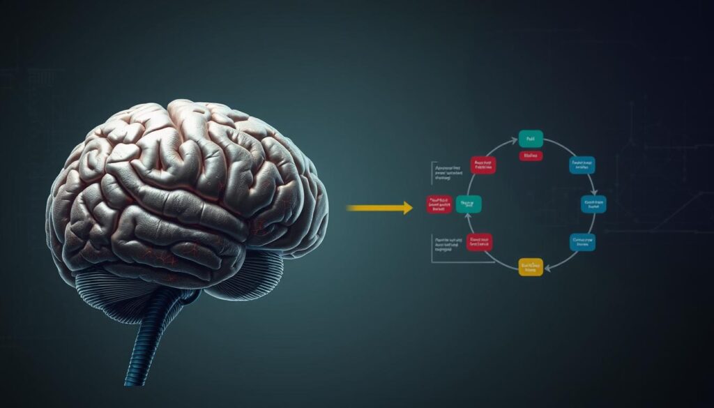 A detailed brain scan image showcasing the neural pathways and regions involved in the decision-making process. The foreground depicts a cross-section of the human brain, meticulously rendered with intricate neural networks, synaptic connections, and areas associated with cognition, reasoning, and judgment. The middle ground presents a stylized representation of the decision-making cycle, with colored flow diagrams and geometric shapes illustrating the various stages of information processing, evaluation, and choice selection. The background features a muted, scientific color palette, with subtle textures and gradients evoking a sense of depth and technical sophistication. The overall image conveys a harmonious balance between the biological complexity of the brain and the cognitive mechanisms underlying decision-making, all captured through a high-resolution, photorealistic rendering. A detailed brain scan image showcasing the neural pathways and regions involved in the decision-making process. The foreground depicts a cross-section of the human brain, meticulously rendered with intricate neural networks, synaptic connections, and areas associated with cognition, reasoning, and judgment. The middle ground presents a stylized representation of the decision-making cycle, with colored flow diagrams and geometric shapes illustrating the various stages of information processing, evaluation, and choice selection. The background features a muted, scientific color palette, with subtle textures and gradients evoking a sense of depth and technical sophistication. The overall image conveys a harmonious balance between the biological complexity of the brain and the cognitive mechanisms underlying decision-making, all captured through a high-resolution, photorealistic rendering.