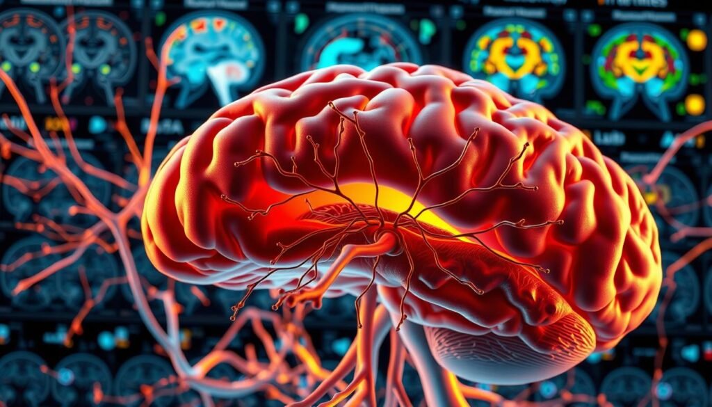 A detailed illustration of the neuroscience behind brain reward mechanisms. A vibrant, high-resolution 3D rendering depicting the complex neural pathways and neurochemical processes involved in the brain's reward system. Prominent in the foreground, a cross-sectional view of the midbrain, highlighting the ventral tegmental area and the substantia nigra. In the middle ground, a network of synaptic connections and neurotransmitter release, including dopamine, serotonin, and endorphins. In the background, a montage of functional MRI scans and neural activity maps, conveying the dynamic nature of reward-driven behavior. Illuminated by warm, natural lighting, with a sense of depth and scientific precision.