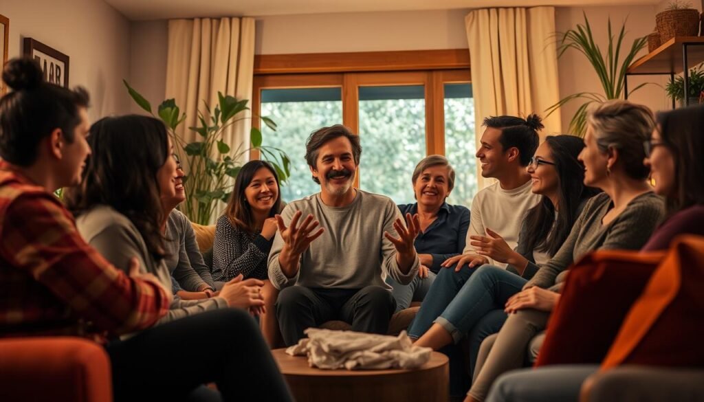 A group of diverse people gathered in a cozy living room, engaged in animated conversation and laughter. Warm lighting creates a sense of comfort and connection, with plush furniture and plants adding to the inviting atmosphere. In the center, a person shares a heartfelt story, their hands gesturing expressively as others listen intently, nodding and offering support. The scene conveys the importance of social networks, empathy, and the healing power of community in navigating life's challenges.