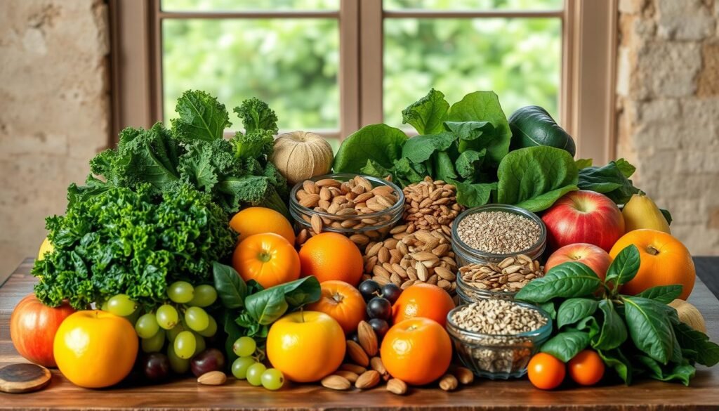 A lush, vibrant still life composition of various healthy foods arranged on a rustic wooden table. In the foreground, an assortment of fresh fruits such as apples, oranges, and grapes are displayed alongside a selection of leafy greens, including kale and spinach. In the middle ground, a variety of nuts, seeds, and whole grains such as almonds, chia seeds, and quinoa are neatly organized. The background features a natural, earthy backdrop, perhaps a textured wall or a window overlooking a verdant outdoor scene, creating a sense of balance and harmony. The lighting is soft and natural, casting gentle shadows and highlighting the vibrant colors of the produce. The overall mood is one of nourishment, vitality, and a connection to the natural world.