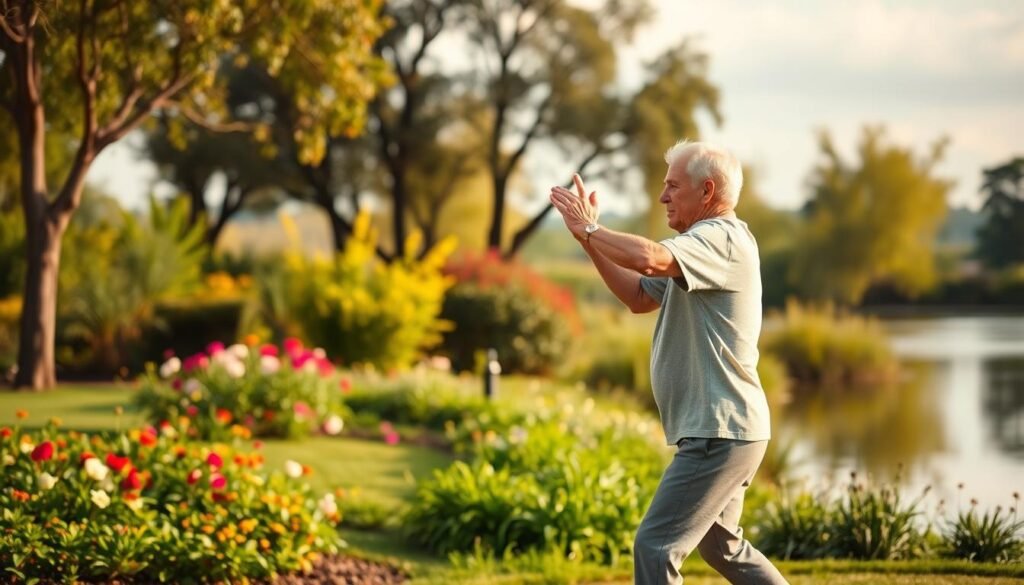 A peaceful, well-lit outdoor scene showcasing the vitality and health of an elderly person. In the foreground, an active senior citizen engages in light exercise, their movements fluid and graceful. The middle ground features a lush, verdant garden with vibrant flowers and trees, creating a soothing, natural environment. In the background, a serene lake or pond reflects the tranquil sky, evoking a sense of harmony and balance. Warm, soft lighting illuminates the scene, casting a gentle glow on the subject and their surroundings. The atmosphere conveys a sense of contentment, wellness, and the positive effects of healthy aging on the brain.