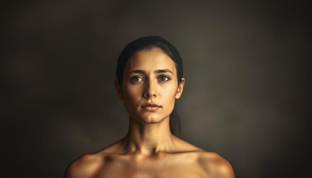 A serene and focused individual stands with a calm expression, emanating a sense of inner strength and emotional resilience. The figure is surrounded by a hazy, contemplative atmosphere, with soft lighting highlighting the determination in their gaze. In the background, a subtle pattern of intertwining lines and shapes symbolizes the interconnectedness of self-discipline and emotional well-being. The scene conveys a sense of introspection, inviting the viewer to reflect on the power of personal mastery and its role in cultivating emotional resilience.