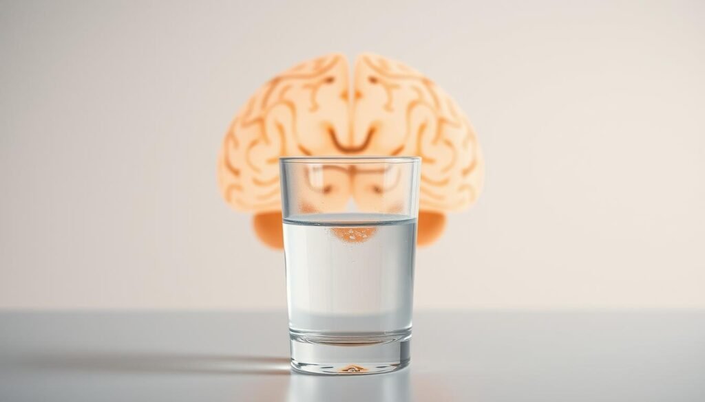 A serene and tranquil scene depicting the intricate relationship between hydration and brain function. In the foreground, a glass of clear, refreshing water stands, symbolizing the life-giving properties of H2O. Behind it, a cross-section of the human brain is rendered in delicate detail, showcasing the intricate network of neurons and synapses. Soft, diffused lighting casts a warm, contemplative glow, highlighting the harmonious interplay between the physical and the cognitive. The background is a minimalist, calming palette, allowing the central elements to take center stage and convey the importance of maintaining optimal hydration for optimal brain health and mental equilibrium.