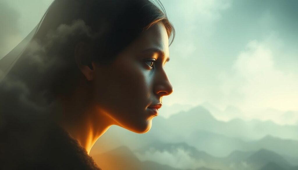 A serene, introspective portrait depicting the powerful interplay of emotion and self-discovery. In the foreground, a pensive figure gazes inwardly, their features softly illuminated by a warm, diffuse light. The background is a dreamlike landscape, hazy and abstract, suggesting the boundless nature of the inner realm. Subtle brushstrokes of color and texture evoke a sense of depth and mystery, mirroring the complexities of the human experience. The overall mood is one of quiet contemplation, inviting the viewer to explore the transformative power of emotional self-awareness.
