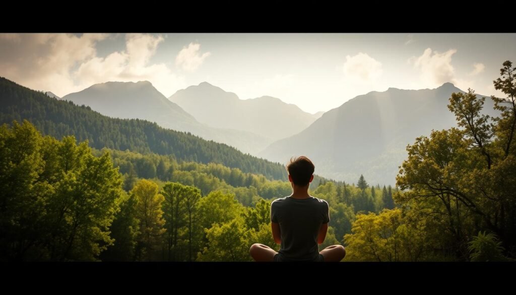 A serene, introspective scene depicting emotional resilience. In the foreground, a person sits cross-legged, eyes closed, hands resting on their lap, exuding a sense of calm and inner strength. The middle ground features a lush, verdant forest, the sunlight filtering through the canopy, casting a warm, soothing glow. In the background, majestic mountains rise, their peaks touched by wispy clouds, symbolizing the overcoming of challenges. The overall atmosphere conveys a sense of peace, balance, and the ability to weather life's storms with grace and fortitude. Realistic, cinematic lighting and a slightly hazy, dreamlike quality add to the sense of emotional depth and resilience.