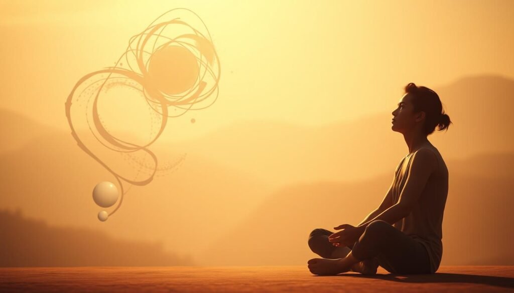 A serene, introspective scene exploring the concept of "mitos autoconhecimento". In the foreground, a contemplative figure sits cross-legged, their face reflecting deep concentration. Soft, warm lighting casts a gentle glow, creating an atmosphere of tranquility and self-discovery. The middle ground features abstract, swirling shapes and patterns, symbolizing the complex interplay of thoughts and emotions. In the background, a hazy, dreamlike landscape unfolds, suggesting the expansive nature of the inner journey. The composition is balanced, with a sense of depth and visual harmony, inviting the viewer to pause and reflect on the myths and realities of self-knowledge.