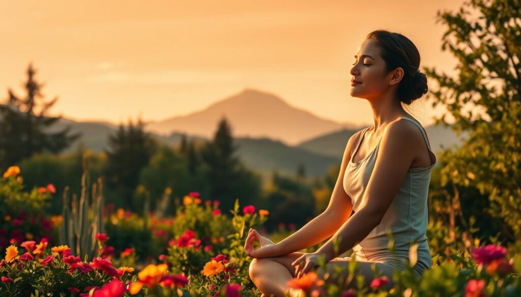 A serene landscape bathed in warm, golden light. In the foreground, a person sits in a meditative pose, their eyes closed and expression peaceful. Surrounding them, a lush, verdant garden with vibrant flowers and gently swaying trees. In the distance, a majestic mountain range rises, its peaks capped with snow. A sense of tranquility and spiritual connection permeates the scene, inviting the viewer to pause and reflect on the deeper purpose of life.