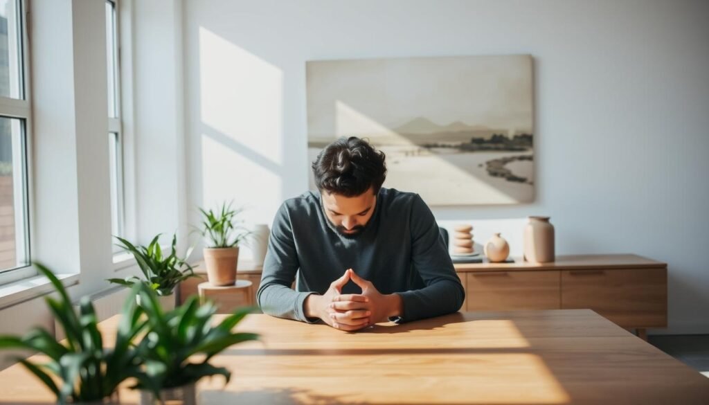 A serene, minimalist office setting with natural lighting filtering through large windows. In the foreground, a person sits at a wooden desk, deep in contemplation, hands clasped in front of them. The middle ground features calming, earthy-toned decor elements such as a potted plant, a decorative sphere, and a small fountain. The background showcases a muted, abstract landscape painting, evoking a sense of tranquility and emotional balance. The overall scene conveys a feeling of mindfulness, emotional management, and a productive, resilient state of being.