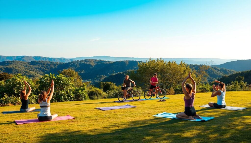 A serene outdoor scene showcasing a group of people engaged in a variety of physical exercises. In the foreground, individuals are performing yoga poses on mats, their movements graceful and focused. In the middle ground, others are jogging and cycling, their bodies in motion against a backdrop of lush, verdant foliage. The background features a picturesque landscape with rolling hills and a clear, blue sky, illuminated by warm, natural lighting that casts a gentle glow over the entire scene. The overall atmosphere is one of tranquility, wellness, and a celebration of the human body's capacity for physical and mental rejuvenation.