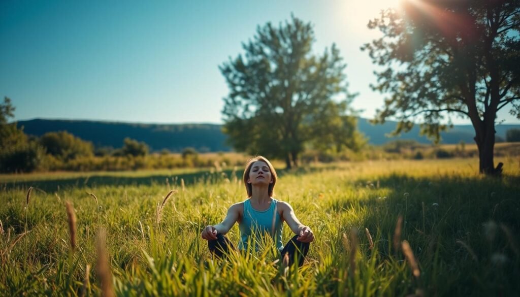A serene outdoor scene with a person sitting peacefully in a meadow, surrounded by lush greenery and a clear blue sky. The figure is in a relaxed, contemplative pose, eyes closed, with a expression of calm and contentment. Soft, diffused natural lighting filters through the trees, creating a warm, soothing ambiance. In the background, a distant rolling hill or mountain range provides a sense of depth and tranquility. The overall atmosphere evokes a feeling of mental well-being, rest, and rejuvenation.
