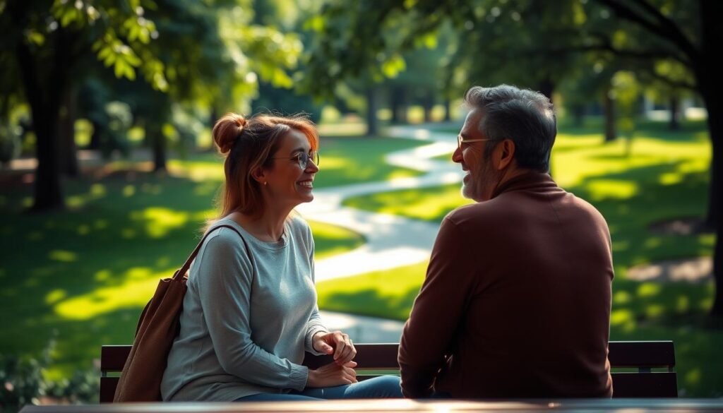 A serene outdoor scene with two people engaged in a lively conversation, their body language and facial expressions conveying a sense of comfort and connection. The background features a lush green park with a winding path, sunlight filtering through the trees and casting a warm, inviting glow. The figures are positioned in the middle ground, their attention focused on each other, while the foreground includes a bench or table where they might be sitting. The overall atmosphere is one of tranquility and mental well-being, reflecting the importance of social interaction for maintaining a balanced and healthy mind.
