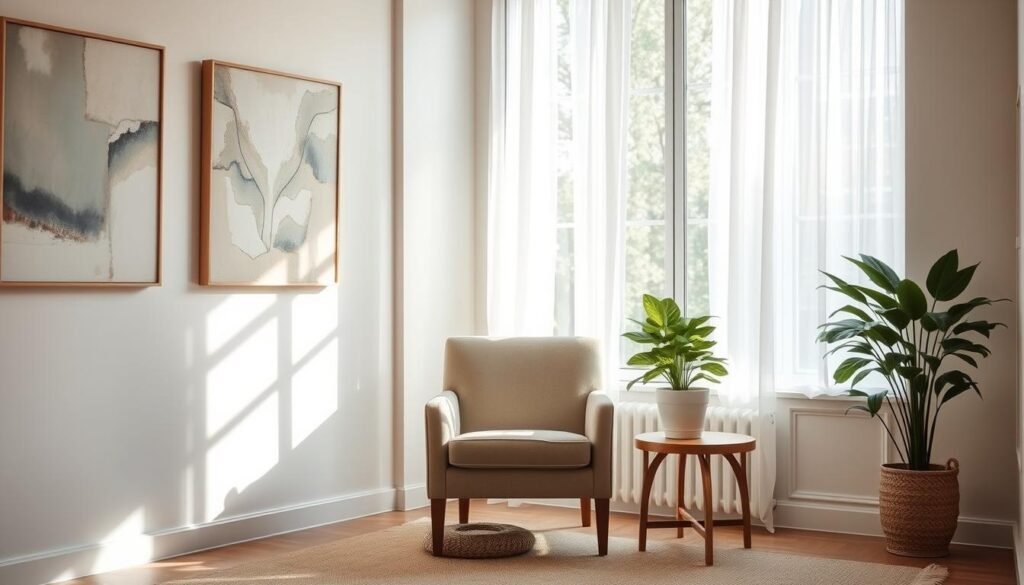 A serene therapeutic setting, a comfortable armchair in a warm, inviting room. Soft, natural lighting filters through large windows, casting a tranquil glow. On the walls, abstract art pieces in muted tones create a calming ambiance. A wooden side table holds a potted plant, its lush greenery adding a touch of life. In the center, the armchair invites the viewer to sit, to reflect, to engage in the transformative process of therapy. The room exudes a sense of safety, introspection, and the potential for personal growth.