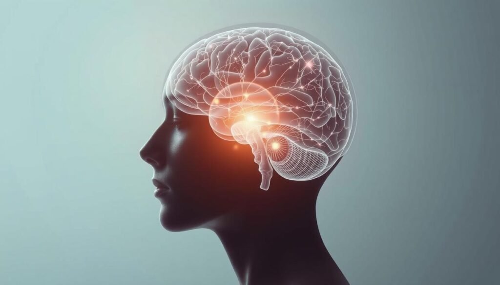 A serene, thoughtful portrait of a person's head in profile, with the brain visible through transparent skin, revealing intricate neural pathways and activity. The subject's expression is one of deep contemplation, with a subtle glow emanating from within, symbolizing the power of self-awareness and inner exploration. The background is a soft, ethereal gradient, lending an air of mystery and wonder to the scene. Subtle lighting casts gentle shadows, highlighting the contours of the brain's structure. The overall mood is one of reverence and curiosity towards the neuroscience of self-knowledge.
