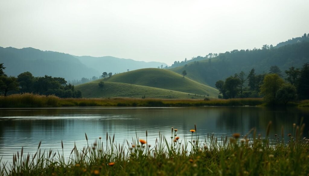A serene, tranquil scene depicting the concept of "metas de vida" (life goals). In the foreground, a peaceful lake reflects the surrounding landscape, with soft, diffused lighting casting a warm, contemplative atmosphere. In the middle ground, a rolling meadow dotted with wildflowers leads the eye towards a distant, hazy mountain range. The background is framed by a lush, verdant forest, conveying a sense of balance and harmony. The overall composition suggests a journey of personal growth and self-discovery, with the tranquil setting inviting the viewer to pause, reflect, and envision their own life goals.