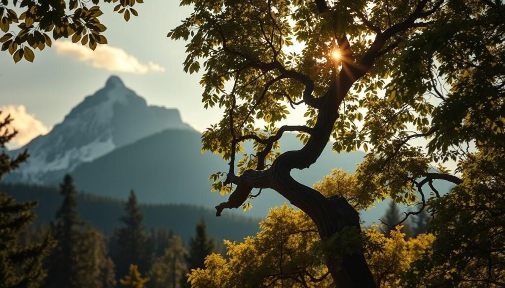A serene yet pensive landscape, with a towering mountain range in the background, its peaks capped in snow. In the foreground, a lush forest canopy, the sunlight filtering through the leaves, casting a warm, golden glow. Intertwined within the foliage, a visual metaphor for the relationship between stress and resilience - a twisted, gnarled tree trunk, its branches reaching skyward, yet also firmly rooted in the earth. The composition balanced, the lighting dramatic, conveying a sense of both struggle and strength, a visual meditation on the resilience of the human spirit in the face of adversity.