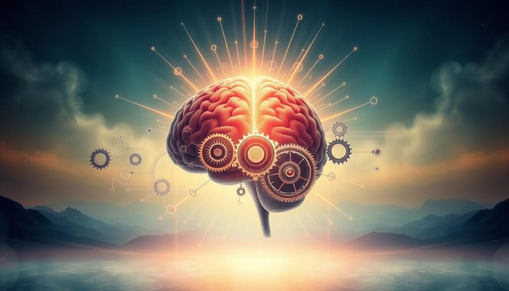 A surreal and visually striking illustration depicting the concept of "Estratégias para equilibrar a recompensa cerebral". In the foreground, a human brain radiates pulsing waves of energy, representing the fluctuating reward system. The middle ground features a series of gears, cogs, and mechanical elements, symbolizing the strategies and techniques used to balance this reward system. The background is a dreamlike, abstract landscape, with subtle gradients and ethereal lighting, conveying a sense of tranquility and inner harmony. The overall composition should evoke a sense of contemplation, introspection, and the delicate interplay between the biological and the technological in regulating our neural pathways.