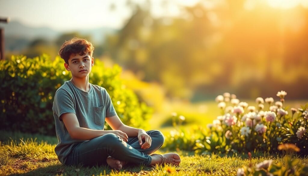 A thoughtful young person sitting cross-legged in a sun-dappled garden, their expression one of introspection and inner focus. Warm, diffused lighting casts a gentle glow, evoking a sense of tranquility and self-awareness. The middle ground features lush greenery and blooming flowers, symbolizing growth and personal flourishing. In the background, a blurred, dreamlike landscape suggests the expansiveness of the self-discovery journey. The scene conveys a balance between individuality and connection to the natural world, capturing the essence of self-knowledge distinct from narcissism.
