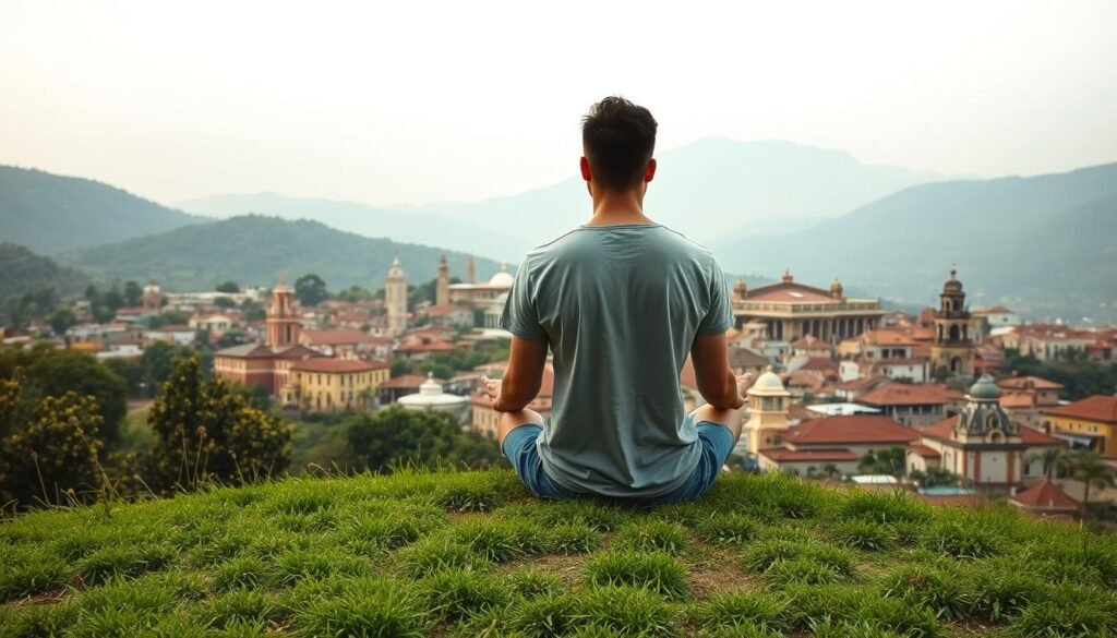 A tranquil scene of a person in deep contemplation, seated cross-legged on a lush, verdant hillside overlooking a vibrant cultural landscape. The foreground features the figure in a pensive pose, enveloped in a warm, meditative light. The middle ground showcases a diverse array of architectural styles, representing the rich tapestry of cultural heritage. In the background, rolling hills and a hazy sky create a sense of depth and serenity. The overall atmosphere evokes a harmonious balance between the individual's inner journey and the surrounding cultural influences, reflecting the nuanced relationship between "cultura e autoconhecimento".