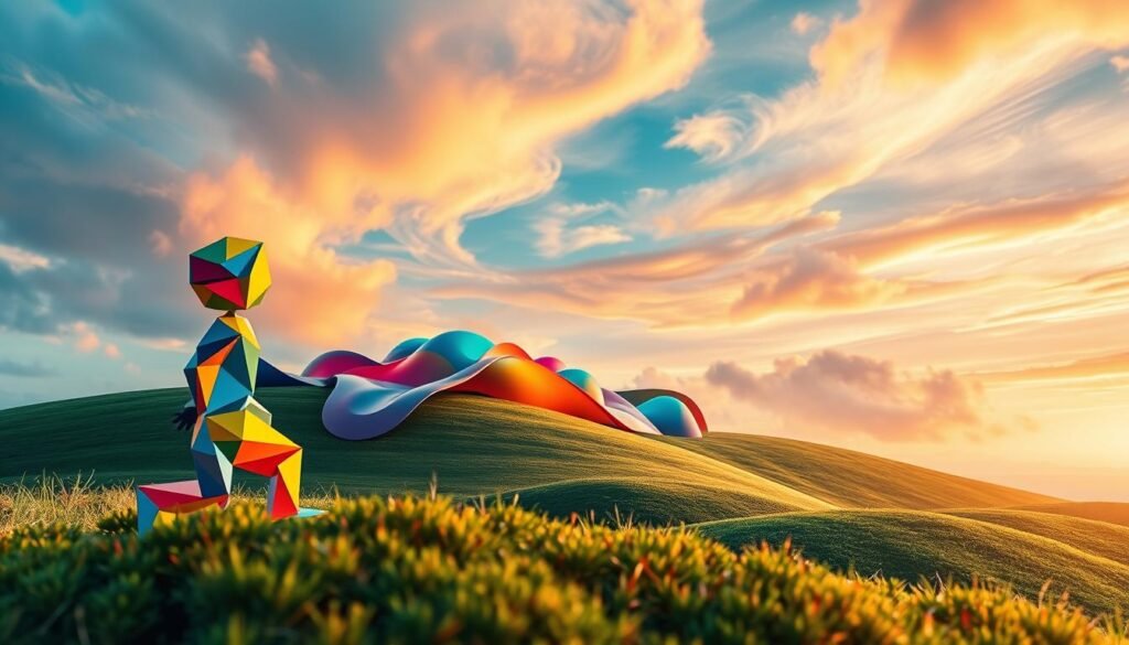 A vibrant, imaginative landscape showcasing the essence of "criatividade". In the foreground, a whimsical figure constructed from colorful geometric shapes appears to be in motion, emanating a sense of playful innovation. The middle ground features a cluster of abstract, undulating forms in a spectrum of vivid hues, evoking the fluid, dynamic nature of the creative process. In the background, a dreamlike skyscape with swirling, iridescent clouds creates an ethereal, inspiring atmosphere. Soft, diffused lighting illuminates the scene, lending a sense of warmth and wonder. Captured with a wide-angle lens to accentuate the depth and grandeur of this imaginative realm.