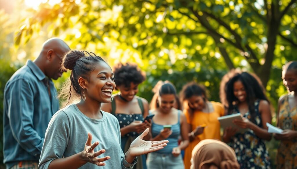 A vibrant, inspirational scene depicting a diverse group of people engaged in meaningful activities that bring purpose and fulfillment to their lives. The foreground features a young woman passionately discussing her volunteer work at a local community center, her animated expression and gestures conveying the deep sense of purpose she derives from her actions. In the middle ground, a group of friends collaborate on a creative project, their faces alight with concentration and joy. The background showcases a lush, verdant setting, with sunlight filtering through the leaves and casting a warm, uplifting glow over the entire scene. The overall mood is one of optimism, vitality, and the transformative power of living with intentionality and purpose.