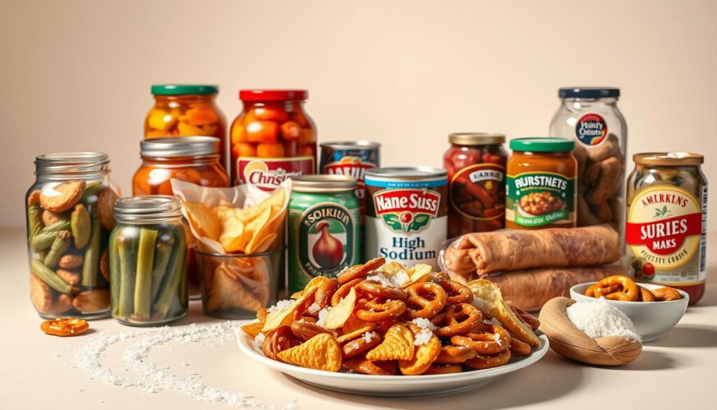 A vibrant still life showcasing an assortment of high-sodium foods, set against a clean, minimalist backdrop. In the foreground, a plate holds an array of salty snacks - potato chips, pretzels, and salted nuts. Behind it, glass jars filled with pickled vegetables and cured meats stand prominently. The middle ground features canned goods and processed foods, their labels highlighting their high sodium content. The background is a simple, off-white surface, allowing the unhealthy items to take center stage. Soft, directional lighting casts subtle shadows, emphasizing the textures and shapes of the different ingredients. The overall scene conveys a sense of unease, hinting at the potential cardiovascular risks associated with a diet high in sodium. A vibrant still life showcasing an assortment of high-sodium foods, set against a clean, minimalist backdrop. In the foreground, a plate holds an array of salty snacks - potato chips, pretzels, and salted nuts. Behind it, glass jars filled with pickled vegetables and cured meats stand prominently. The middle ground features canned goods and processed foods, their labels highlighting their high sodium content. The background is a simple, off-white surface, allowing the unhealthy items to take center stage. Soft, directional lighting casts subtle shadows, emphasizing the textures and shapes of the different ingredients. The overall scene conveys a sense of unease, hinting at the potential cardiovascular risks associated with a diet high in sodium.