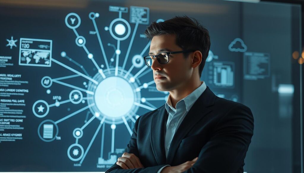 Effective decision-making: A focused business executive stands before a holographic display, contemplating a complex web of information and options. Soft, directional lighting illuminates their thoughtful expression as they carefully analyze data points and scenarios, weighing the implications of each potential decision. The background is subtly blurred, keeping the viewer's attention on the central figure's deliberative process. Sophisticated yet serene, this scene conveys the importance of considered, strategic thinking in the pursuit of optimal outcomes. Effective decision-making: A focused business executive stands before a holographic display, contemplating a complex web of information and options. Soft, directional lighting illuminates their thoughtful expression as they carefully analyze data points and scenarios, weighing the implications of each potential decision. The background is subtly blurred, keeping the viewer's attention on the central figure's deliberative process. Sophisticated yet serene, this scene conveys the importance of considered, strategic thinking in the pursuit of optimal outcomes.
