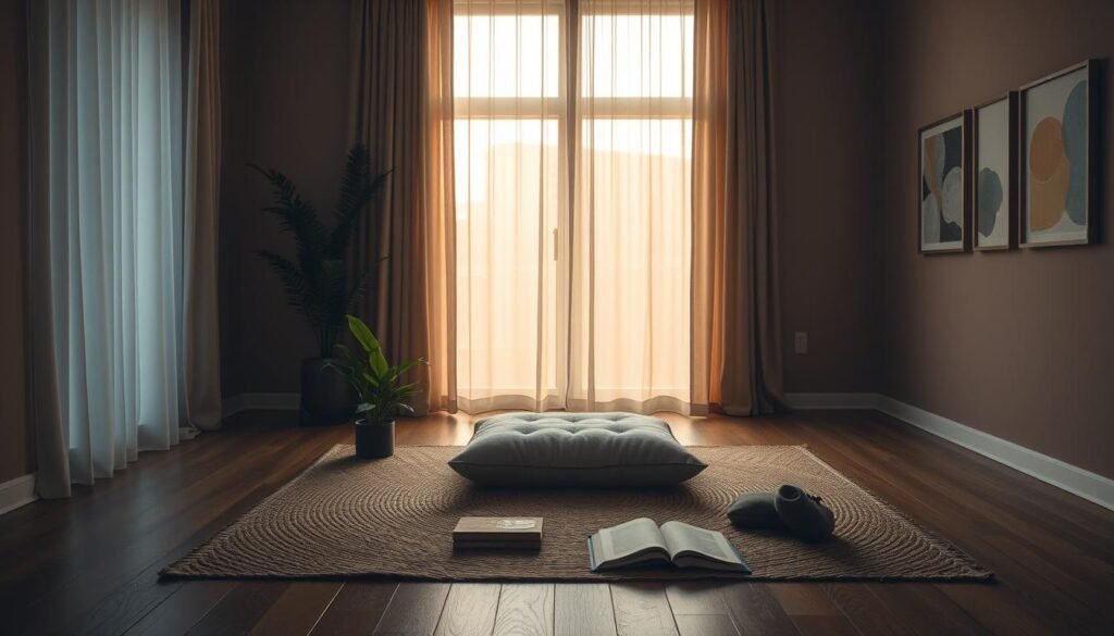 Techniques for Dealing with Difficult Emotions: A Serene Mindscape A dimly lit, contemplative indoor space with a wooden floor and a large, curtained window that casts soft, warm light across the room. In the center, a plush meditation cushion sits on a woven rug, surrounded by a few potted plants and books on a low table. The walls are painted a calming, earthy tone, and a few framed pieces of abstract art hang on the walls, creating a sense of tranquility. The atmosphere is one of introspection and self-reflection, inviting the viewer to pause and engage with the process of understanding and managing their emotions.