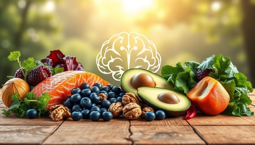 a detailed, hyper-realistic, high-resolution digital illustration of a variety of brain-healthy foods in the foreground, including salmon, walnuts, blueberries, avocado, and leafy greens, arranged on a wooden table surface. In the middle ground, a brain-shaped silhouette is prominently featured, subtly suggesting the connection between diet and brain health. The background showcases a serene, natural setting with soft, diffused lighting, conveying a sense of tranquility and balance. The overall composition emphasizes the importance of a nutrient-rich diet for optimal brain function and nourishment. a detailed, hyper-realistic, high-resolution digital illustration of a variety of brain-healthy foods in the foreground, including salmon, walnuts, blueberries, avocado, and leafy greens, arranged on a wooden table surface. In the middle ground, a brain-shaped silhouette is prominently featured, subtly suggesting the connection between diet and brain health. The background showcases a serene, natural setting with soft, diffused lighting, conveying a sense of tranquility and balance. The overall composition emphasizes the importance of a nutrient-rich diet for optimal brain function and nourishment.