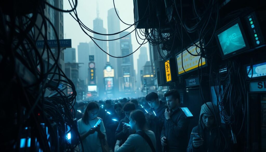A bustling city landscape, the foreground dominated by a tangle of cables, wires, and digital devices, their blinking lights and screens casting an eerie glow. In the middle ground, people are glued to their smartphones, their faces illuminated by the blue-tinged light, seemingly oblivious to their surroundings. The background fades into a hazy, dystopian atmosphere, with towering skyscrapers and a sense of overwhelming technological saturation. The scene conveys the overpowering impact of hyperconnectivity, the way it has consumed and transformed daily life, leaving individuals disconnected from the physical world and immersed in a constant digital stream. Dramatic lighting, a tight, claustrophobic composition, and a somber, unsettling mood evoke the disruptive effects of this pervasive technological landscape.