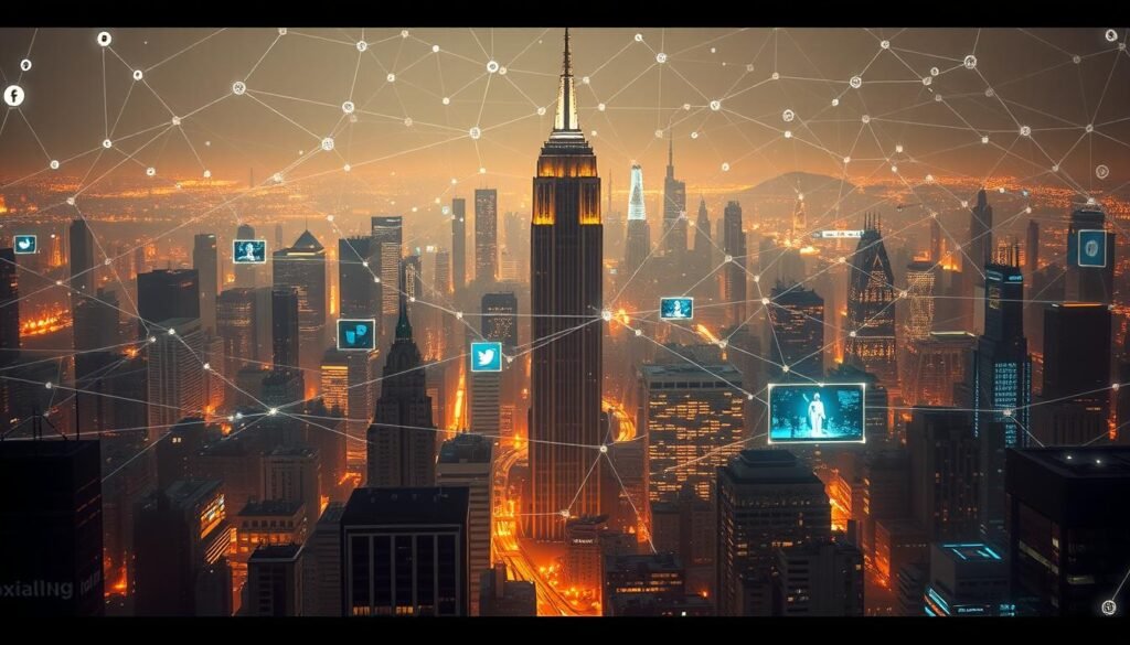 A bustling digital cityscape, where social media platforms loom large like towering skyscrapers. Intricate webs of connections stretch out, linking people, ideas, and experiences in a constantly evolving landscape. The scene is bathed in a warm, ambient glow, creating a sense of both connection and isolation. Subtle hints of technology, such as holographic displays and glowing interfaces, add to the futuristic atmosphere. The composition draws the viewer's eye through the various layers, inviting them to explore the complex interplay of human interaction and digital mediation. Soft, cinematic lighting accentuates the sense of depth and immersion, reflecting the allure and challenges of the hyperconnected world.