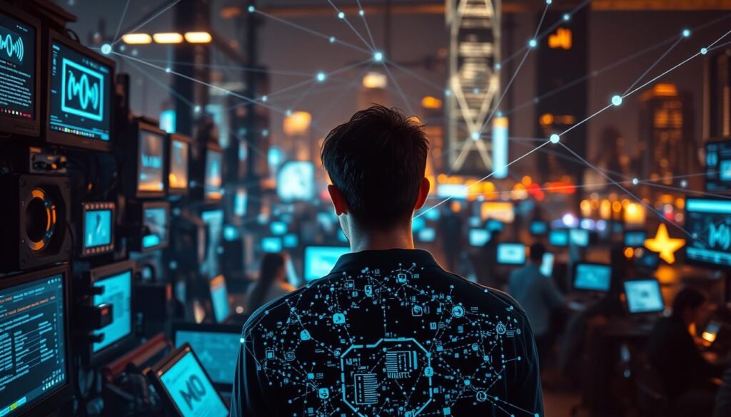 A bustling digital landscape, where interconnected devices and endless notifications create a state of hyper-connectivity. In the foreground, a person is surrounded by a swarm of glowing screens, their attention fragmented and overwhelmed. The middle ground features a web of intricate lines and data streams, symbolizing the complex web of digital interactions. In the background, a blurred cityscape represents the broader context of modern work environments. The lighting is a mix of cool, blue hues from the screens and warm, golden tones, creating a sense of tension and disorientation. The overall mood is one of sensory overload and the need to find balance in an increasingly connected world.