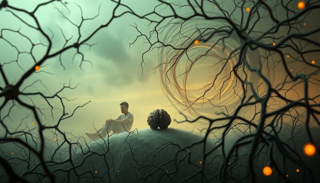 A cerebral landscape depicting the neurological underpinnings of burnout. In the foreground, a tangle of synaptic connections and neural pathways, lit by a soft, warm glow. In the middle ground, a weary, overwhelmed figure seated amid a swirling vortex of cognitive overload, stress, and emotional exhaustion. The background features a hazy, dreamlike expanse, symbolizing the subconscious and the physiological toll of burnout. The scene is captured through a cinematic, slightly desaturated lens, conveying a sense of tension and the fragility of the human mind under duress.