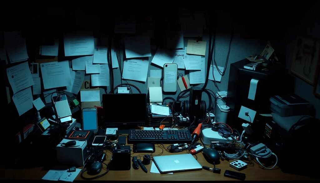 A cluttered desk, overflowing with devices, cables, and notifications, symbolizing the overwhelming state of hyper-connectivity. Dim lighting casts an ominous shadow, hinting at the mental strain and fatigue associated with constant digital engagement. The desktop itself appears to be a minefield of distractions, drawing the viewer's attention to the need for a healthy balance between technology and well-being. The scene conveys a sense of alarm, urging the viewer to heed the warning signs of an unhealthy relationship with technology.