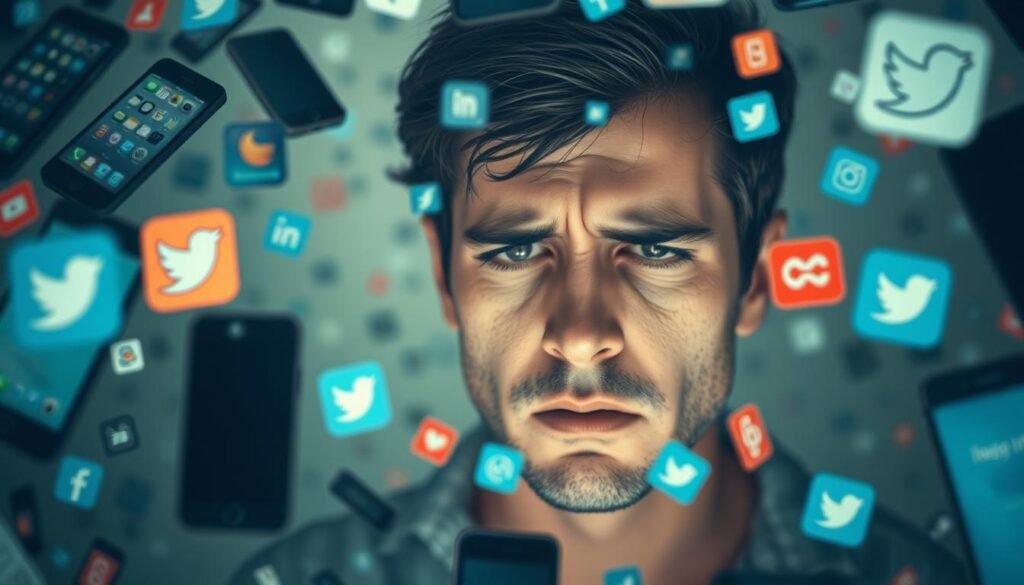 A cluttered digital world, with smartphone screens and social media icons floating in the foreground, conveying a sense of overwhelming connectedness. In the middle ground, a person's face appears distressed, eyes strained and brow furrowed, suggesting the mental fatigue of constant digital stimulation. The background is hazy, with a sense of disconnection from the physical world, underscoring the symptoms of hyperconnectivity - anxiety, diminished focus, and a loss of real-world engagement. Soft, diffused lighting and a muted color palette create a somber, introspective mood, inviting the viewer to consider the psychological toll of an overly connected life.